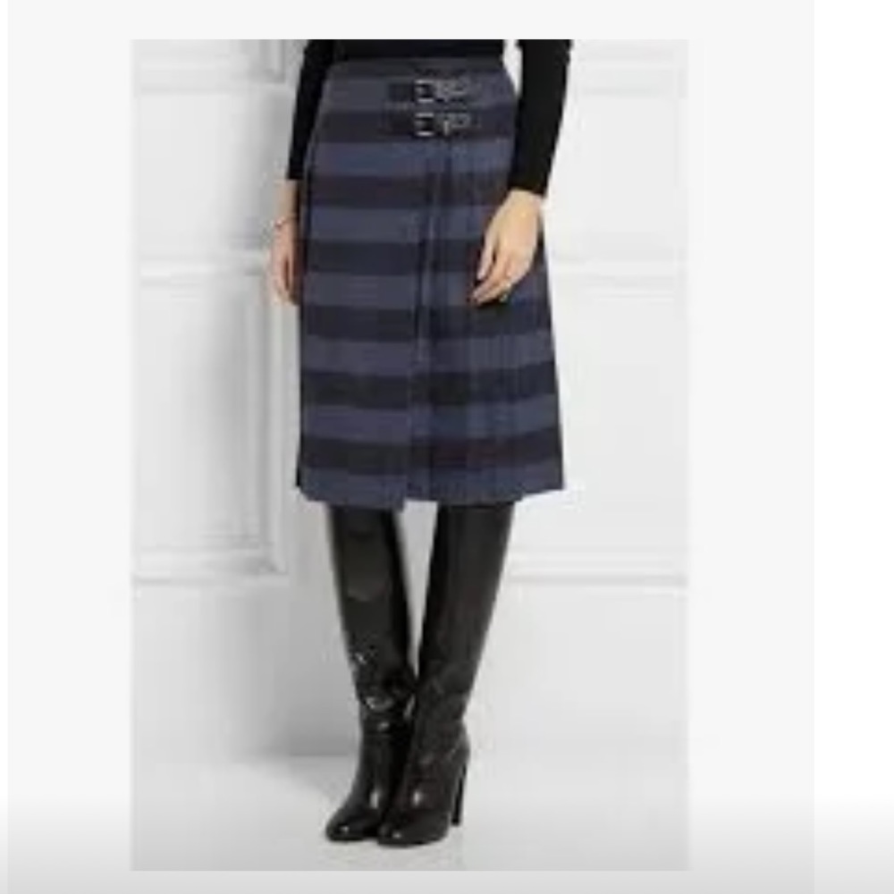 RED VALENTINO Blue Wool Striped Buckle Accent Pleated Knee Length Skirt